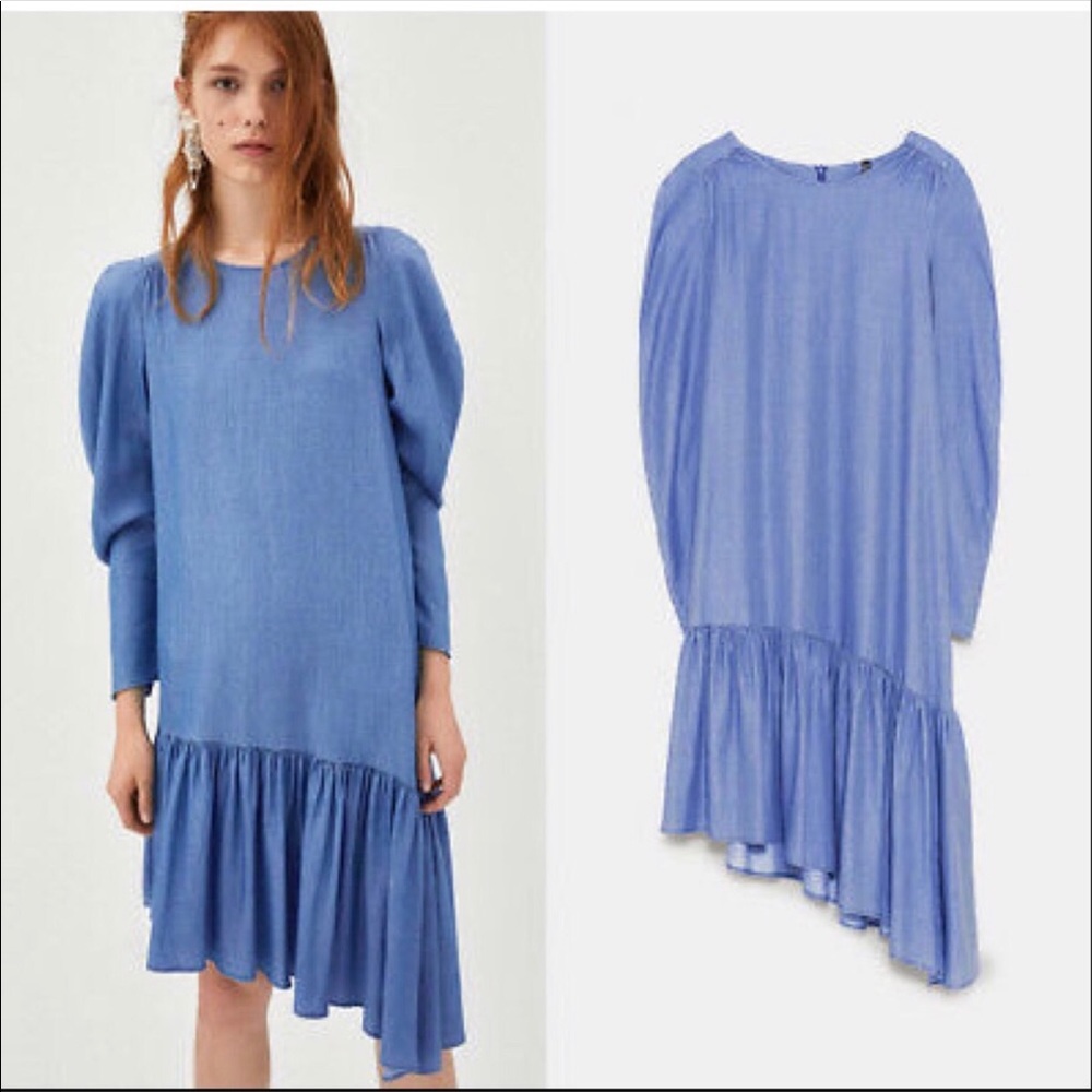 NWT Zara Chambray Long Sleeve Drop Waist Dress